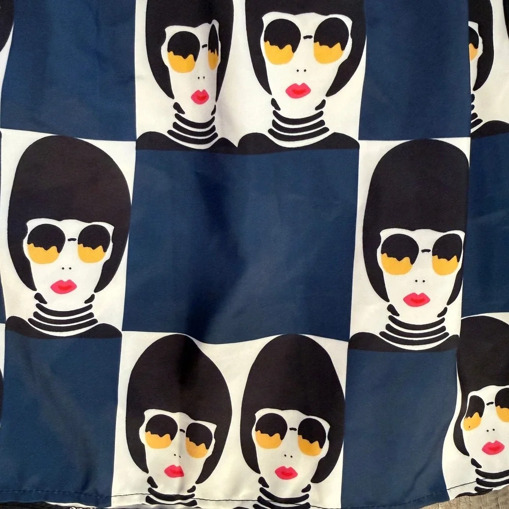 Cozy MOD Pop Art Graphic Pleated A-Line Skirt, Blue,M